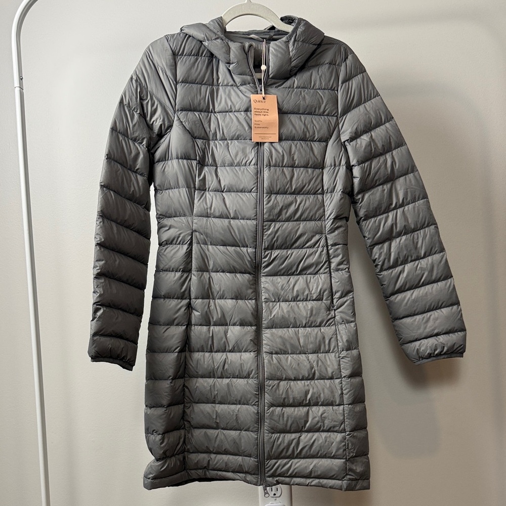 Quince Gray Hooded Puffer Coat Lightweight Down Long  Jacket NWT small - Picture 6 of 13